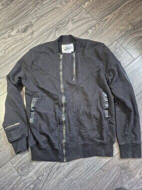Square Zero Black Moto Fleece Jacket Zip Bomber Streetwear Faux Leather Trim M